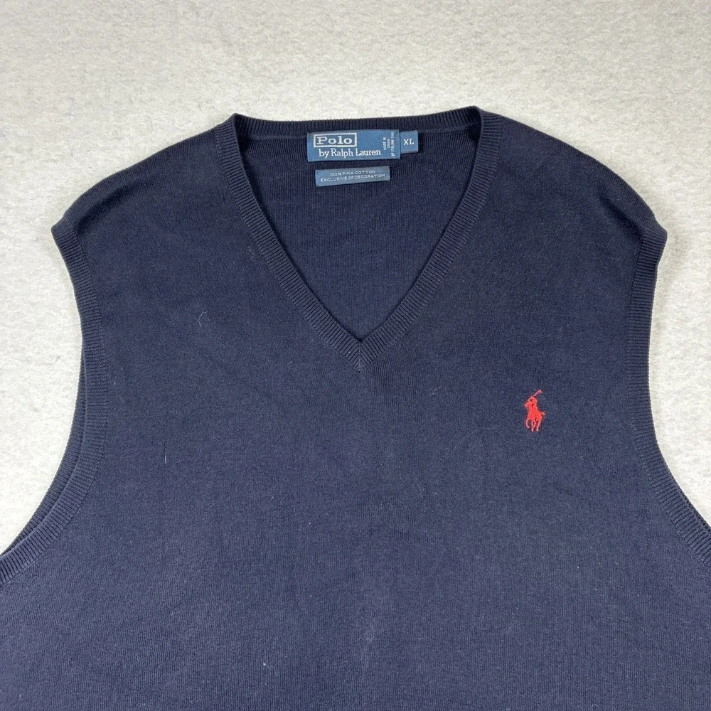 Polo Ralph Lauren Sweater Vest Mens XL Navy Blue Pima Cotton V Neck Knit Logo